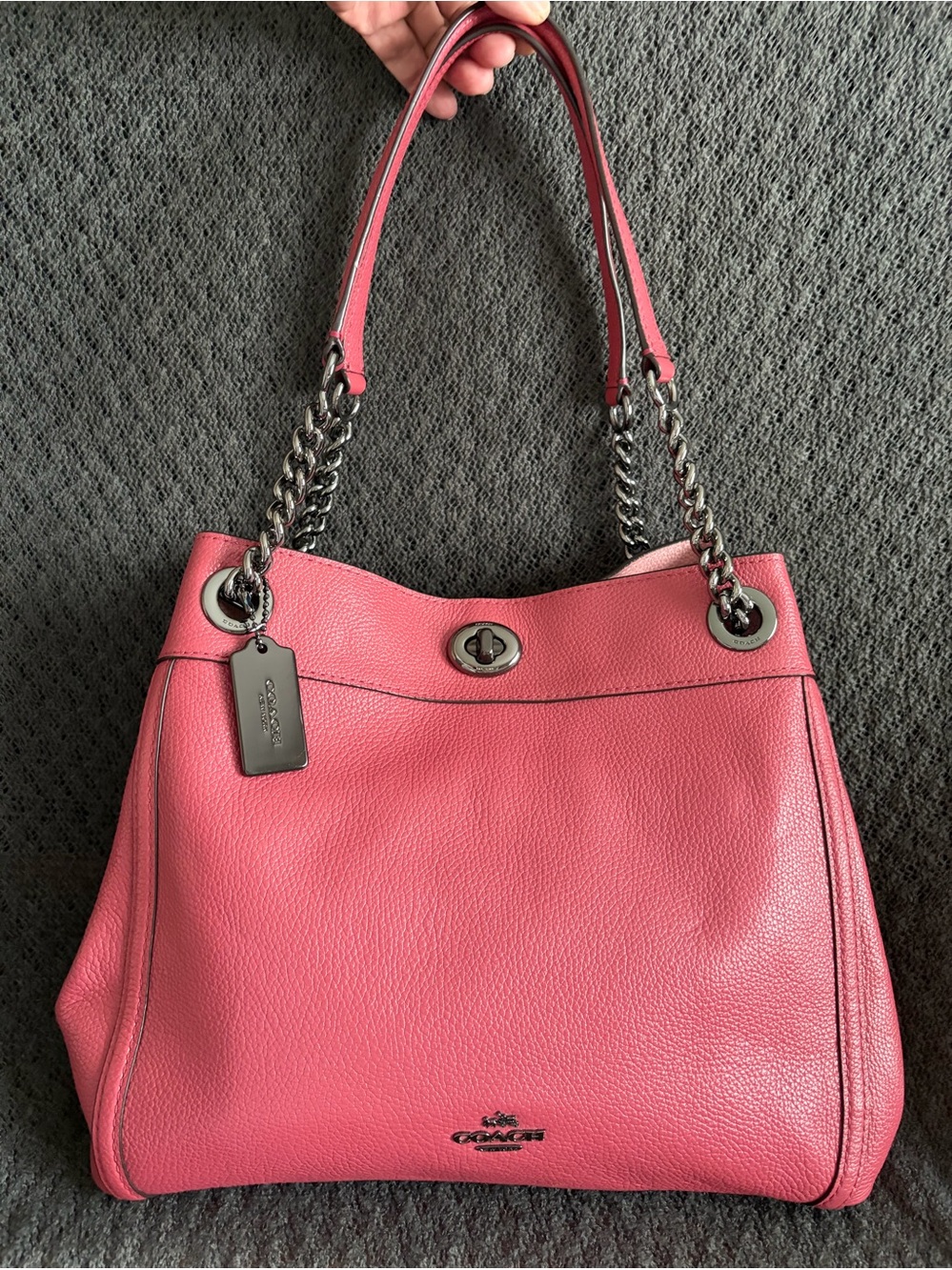 Coach Rose Pink Pebbled Leather Shoulder Bag with Chain Straps